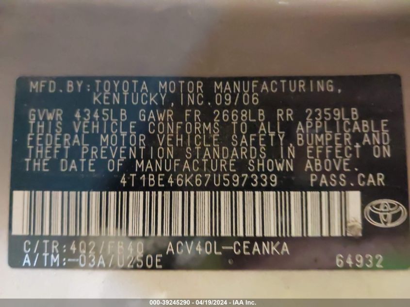 2007 Toyota Camry Le VIN: 4T1BE46K67U597339 Lot: 39245290