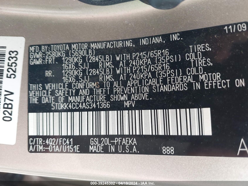 2010 Toyota Sienna Le VIN: 5TDKK4CC4AS341366 Lot: 39245302