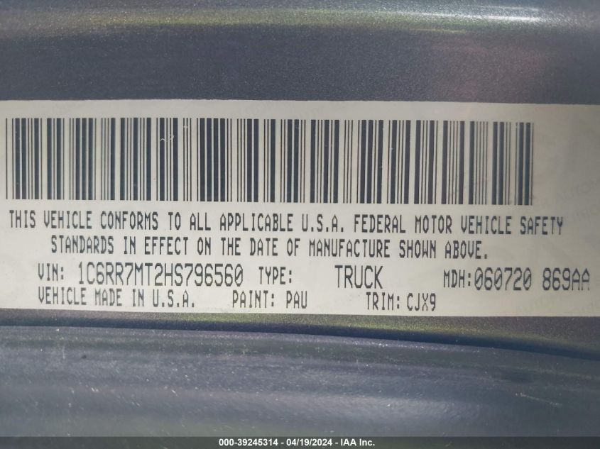 2017 Ram 1500 Night 4X4 5'7 Box VIN: 1C6RR7MT2HS796560 Lot: 39245314