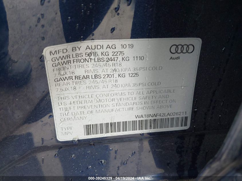 2020 Audi A4 Allroad Premium Plus 45 Tfsi Quattro S Tronic VIN: WA18NAF42LA026211 Lot: 39245329