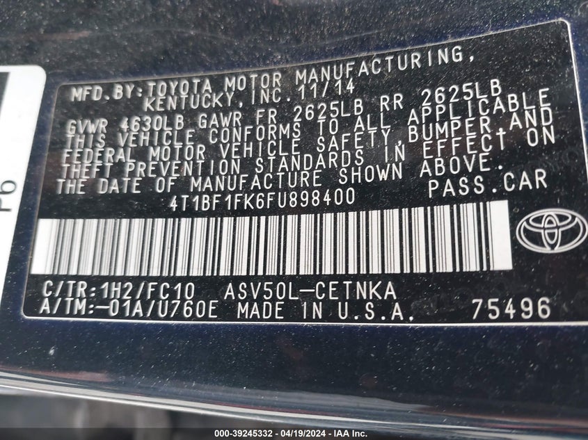 2015 Toyota Camry Le VIN: 4T1BF1FK6FU898400 Lot: 39245332