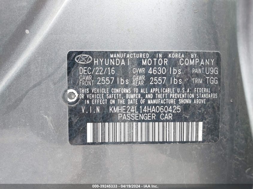 2017 Hyundai Sonata Hybrid Se VIN: KMHE24L14HA060425 Lot: 39245333