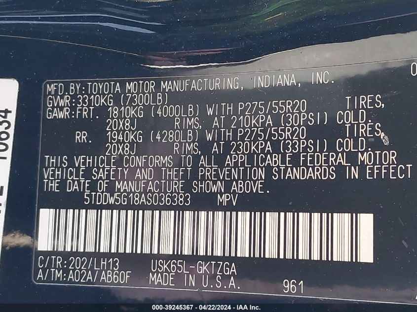 2010 Toyota Sequoia Platinum 5.7L V8 VIN: 5TDDW5G18AS036383 Lot: 39245367