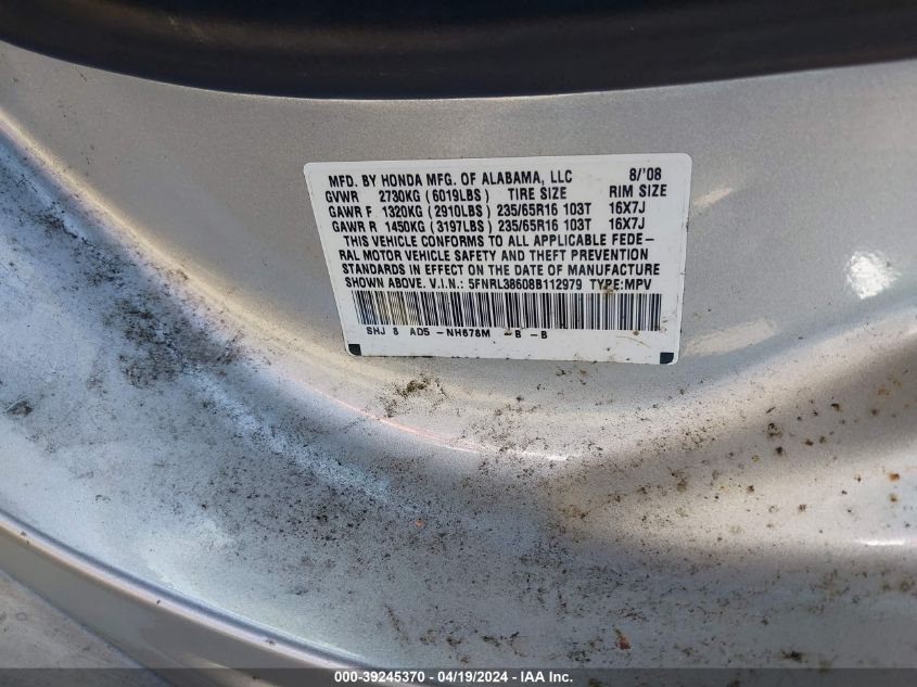 2008 Honda Odyssey Ex-L VIN: 5FNRL38608B112979 Lot: 39245370