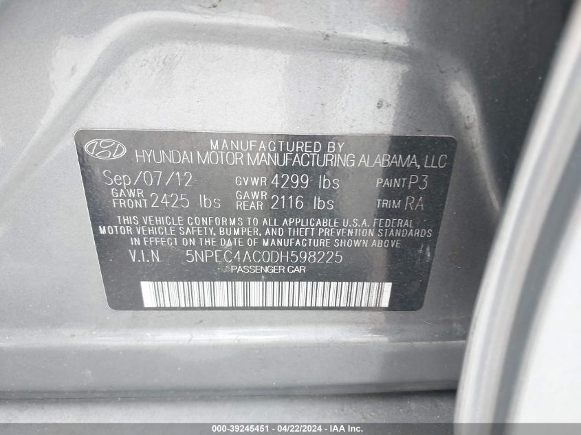 2013 Hyundai Sonata Se VIN: 5NPEC4AC0DH598225 Lot: 50852724