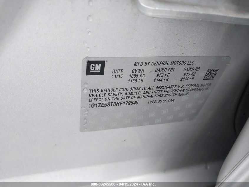 2017 Chevrolet Malibu 1Lt VIN: 1G1ZE5ST8HF179645 Lot: 39245506