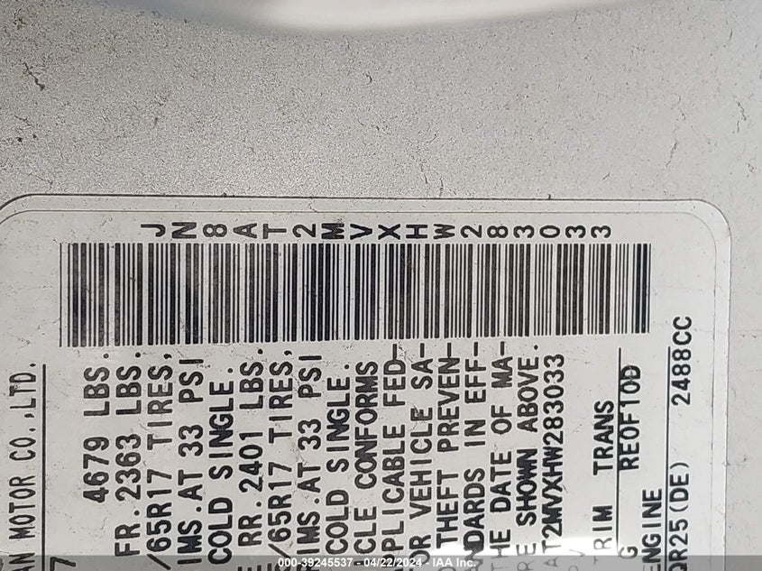 2017 NISSAN ROGUE S/SL/SV - JN8AT2MVXHW283033