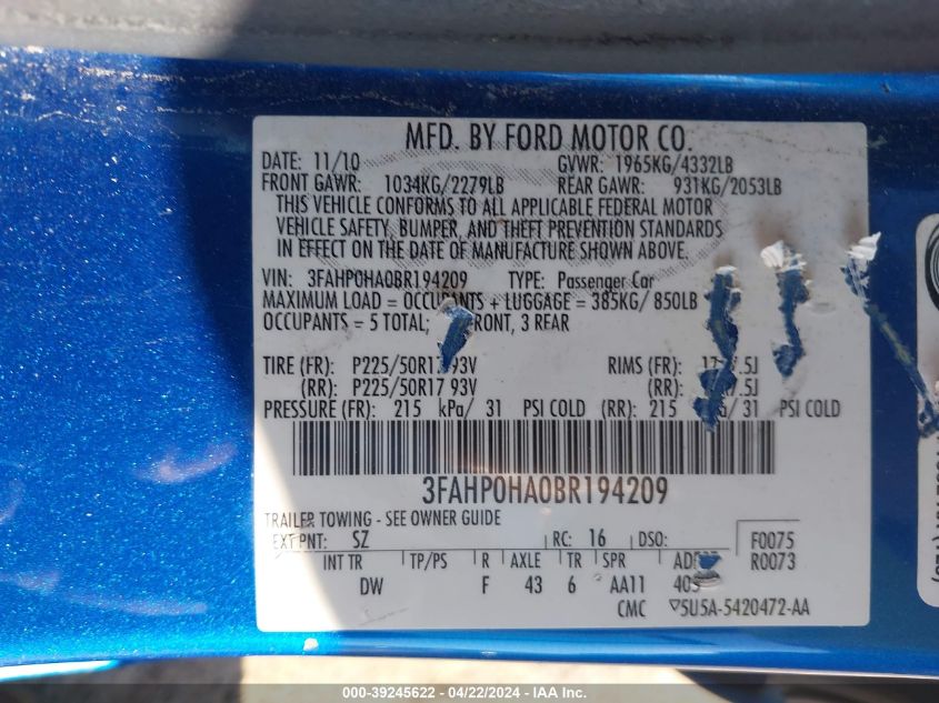 2011 Ford Fusion Se VIN: 3FAHP0HA0BR194209 Lot: 39245622