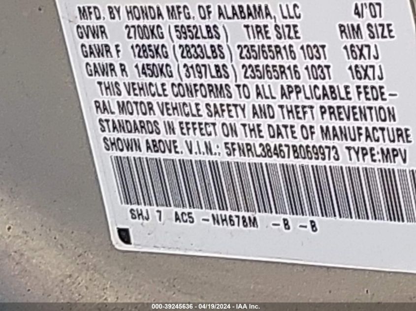 2007 Honda Odyssey Ex VIN: 5FNRL38467B069973 Lot: 39245636