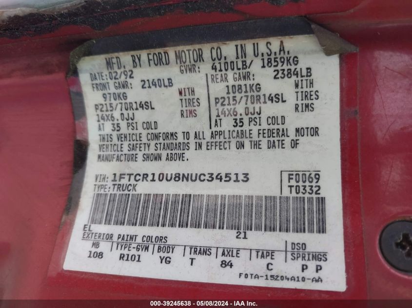 1992 Ford Ranger VIN: 1FTCR10U8NUC34513 Lot: 39245638