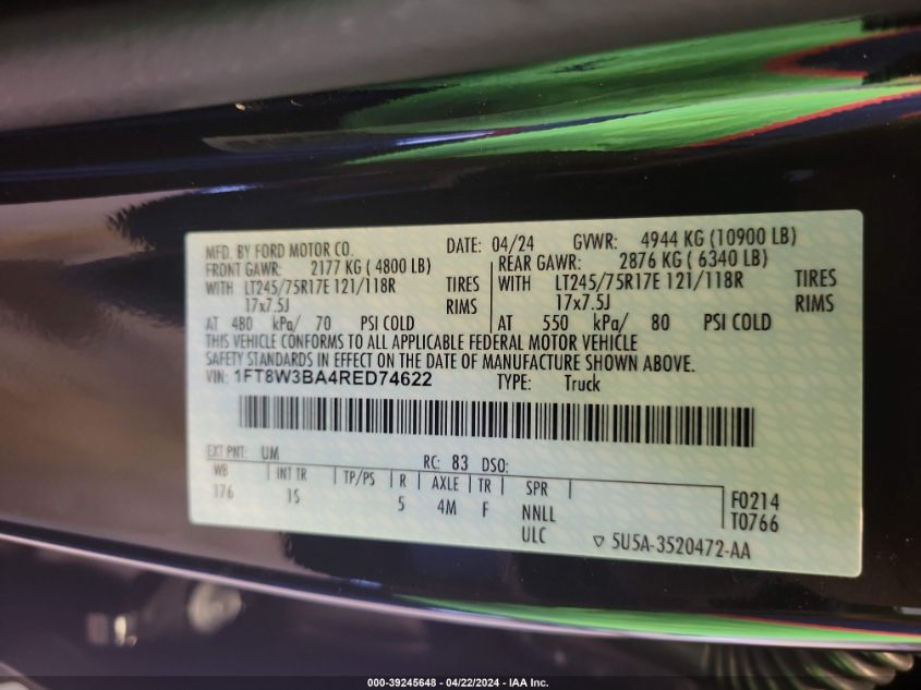 2024 Ford F-350 Xl VIN: 1FT8W3BA4RED74622 Lot: 39245648