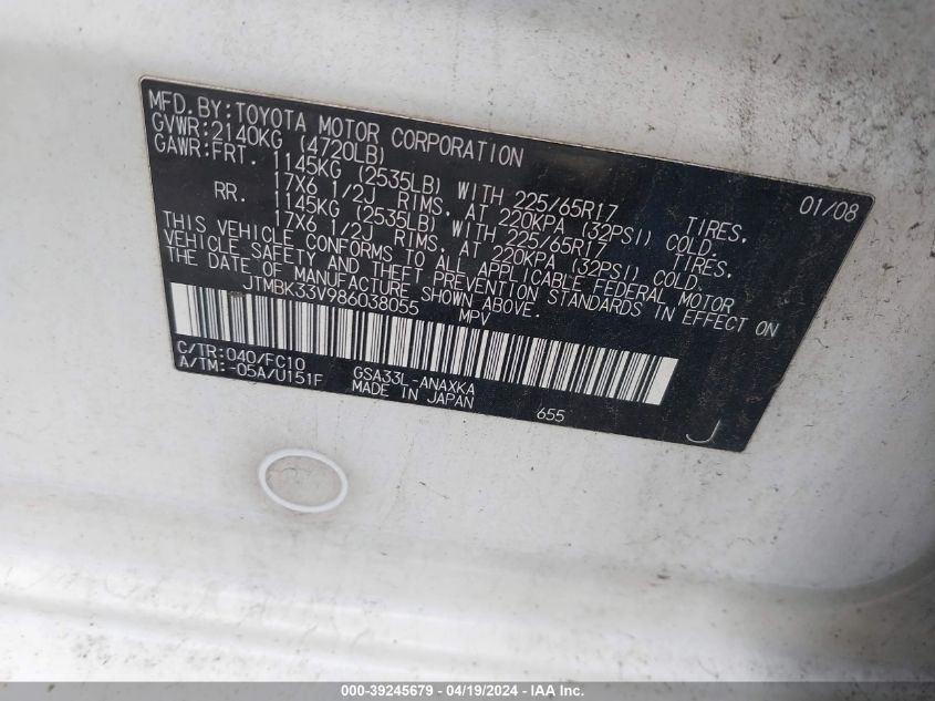 2008 Toyota Rav4 Base V6 VIN: JTMBK33V986038055 Lot: 39245679