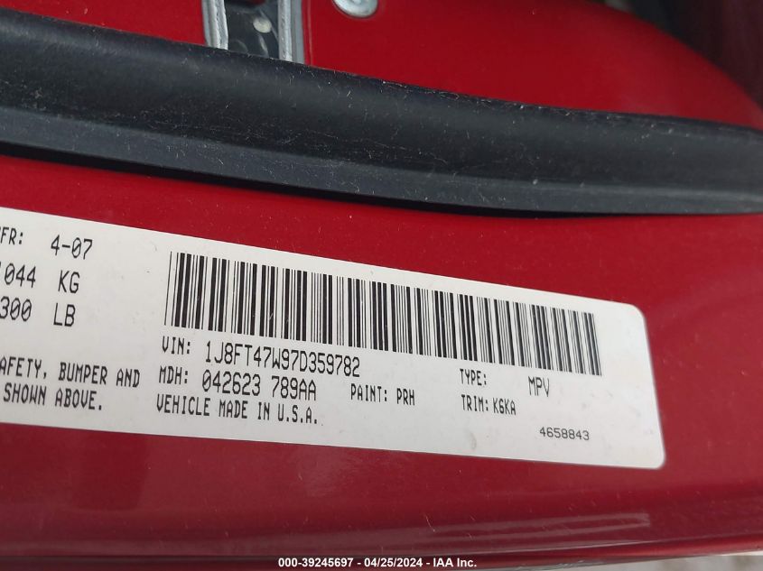 2007 Jeep Compass Sport VIN: 1J8FT47W97D359782 Lot: 39245697