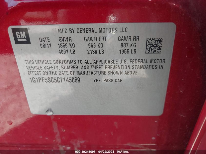 2012 Chevrolet Cruze 1Lt VIN: 1G1PF5SC5C7145069 Lot: 39245698