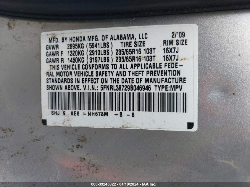 2009 Honda Odyssey Ex-L VIN: 5FNRL38729B046946 Lot: 39245822