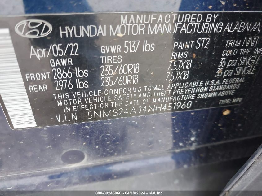 2022 Hyundai Santa Fe Sel VIN: 5NMS24AJ4NH451960 Lot: 39245860