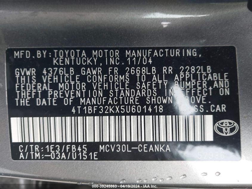 2005 Toyota Camry Le V6 VIN: 4T1BF32KX5U601418 Lot: 39245863