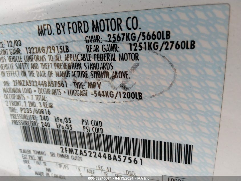 2004 Ford Freestar Sel VIN: 2FMZA52244BA57561 Lot: 39245871