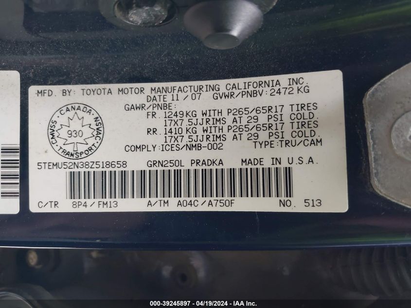 2008 Toyota Tacoma Base V6 VIN: 5TEMU52N38Z518658 Lot: 39245897