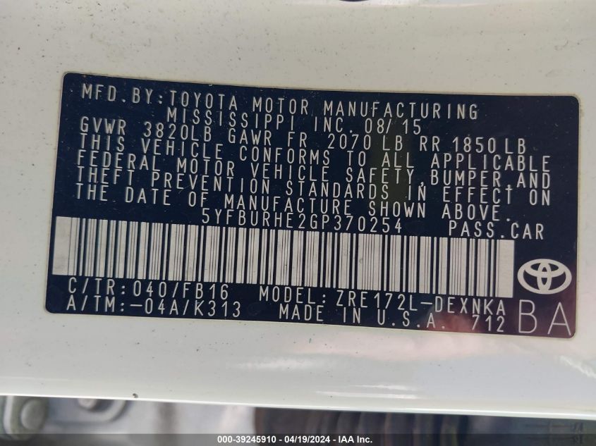 2016 Toyota Corolla Le VIN: 5YFBURHE2GP370254 Lot: 39245910
