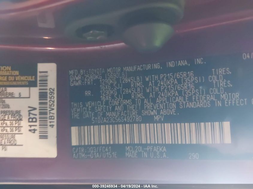 2006 Toyota Sienna Le VIN: 5TDZA23C56S492780 Lot: 39245934