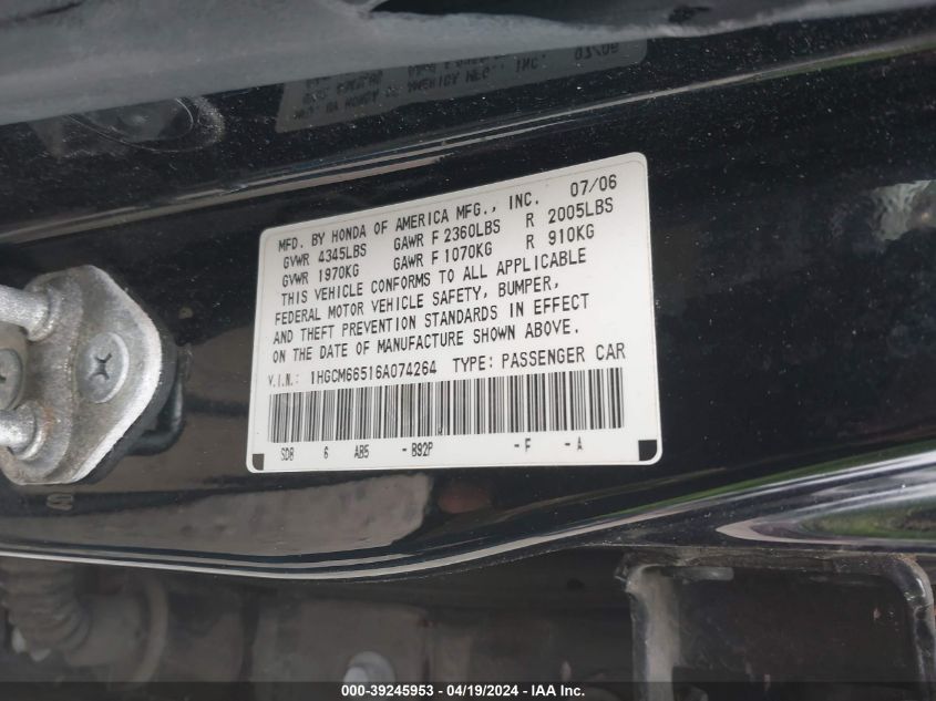 2006 Honda Accord 3.0 Ex VIN: 1HGCM66516A074264 Lot: 39245953