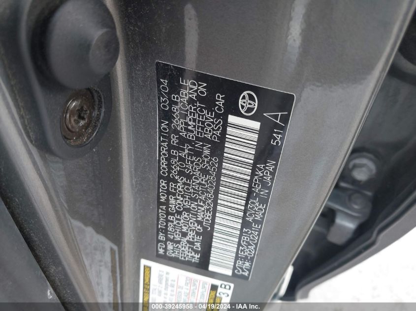 2004 Toyota Camry Le VIN: JTDBE32K840284526 Lot: 39245958