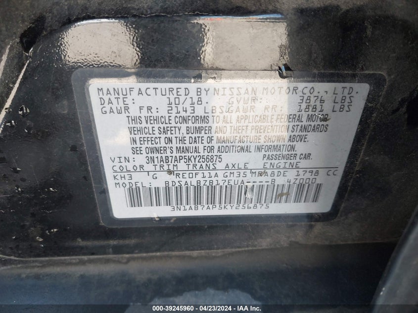 VIN 3N1AB7AP5KY256875 2019 NISSAN SENTRA S