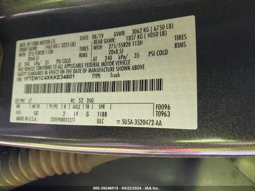 2019 Ford F-150 Xlt VIN: 1FTEW1C4XKKE34801 Lot: 39246015