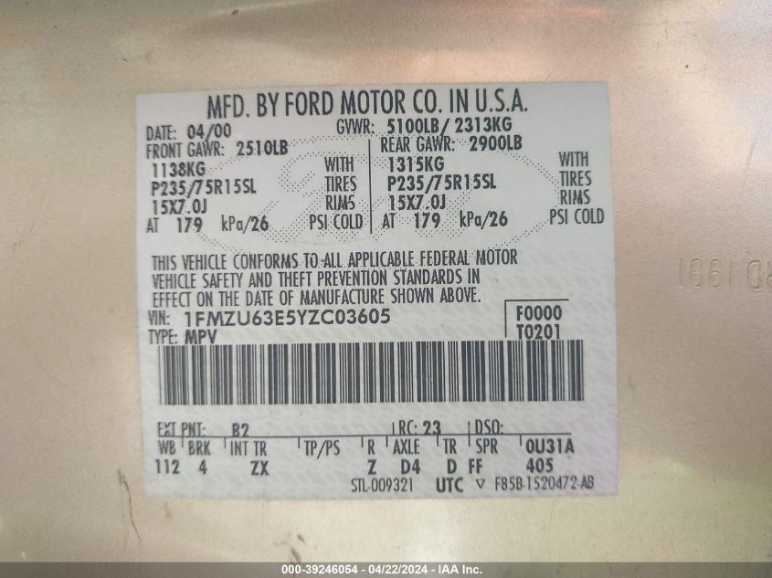 2000 Ford Explorer Xlt VIN: 1FMZU63E5YZC03605 Lot: 39246054