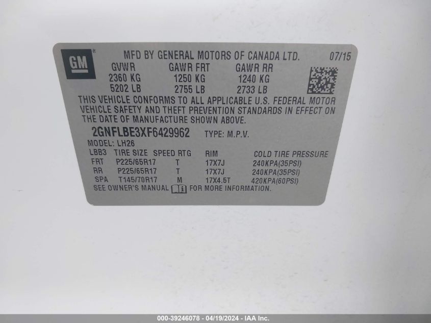 2015 Chevrolet Equinox 1Lt VIN: 2GNFLBE3XF6429962 Lot: 39246078