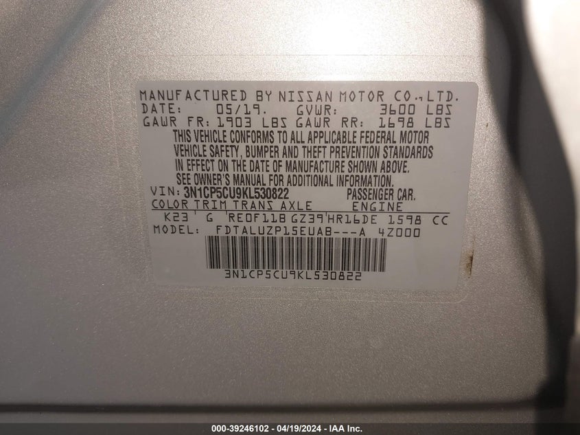 VIN 3N1CP5CU9KL530822 2019 NISSAN KICKS SR