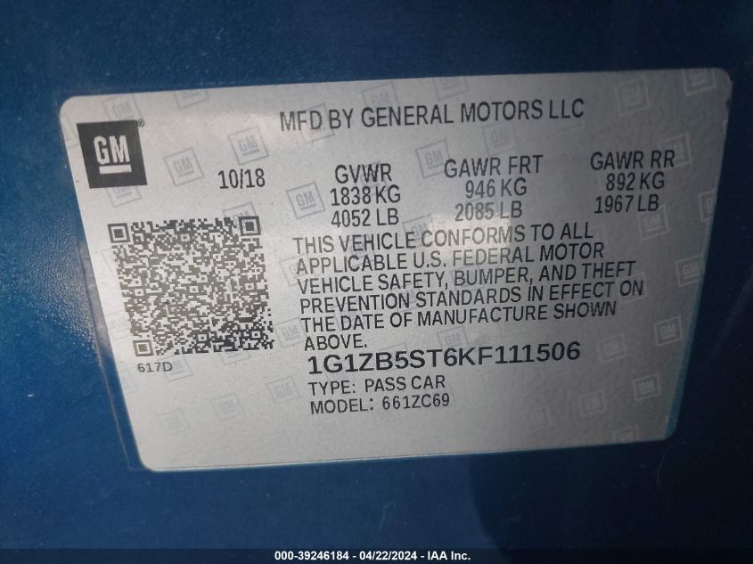 2019 Chevrolet Malibu 1Ls VIN: 1G1ZB5ST6KF111506 Lot: 39246184