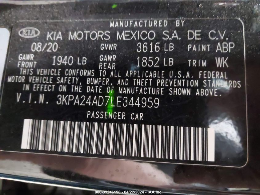 2020 Kia Rio S VIN: 3KPA24AD7LE344959 Lot: 39246198