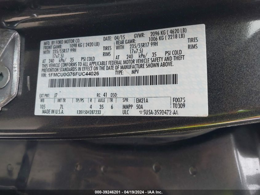 2015 Ford Escape Se VIN: 1FMCU0G76FUC44026 Lot: 39246201