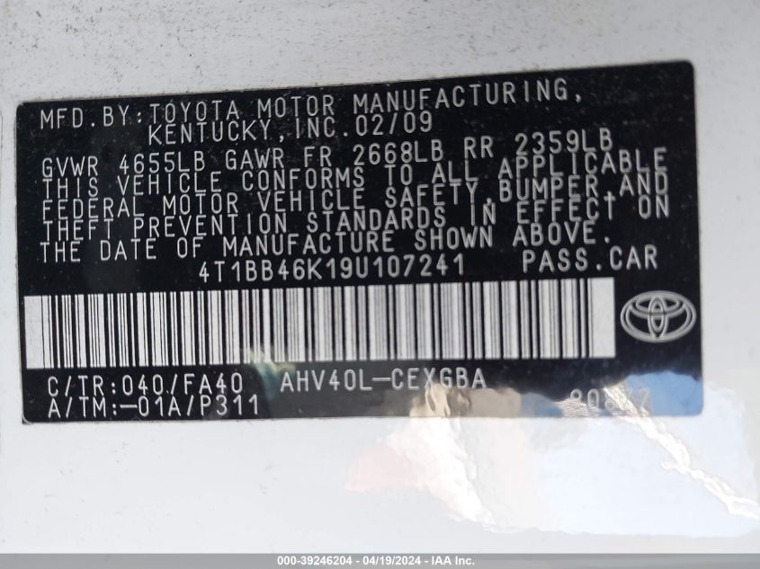 2009 Toyota Camry Hybrid VIN: 4T1BB46K19U107241 Lot: 39246204