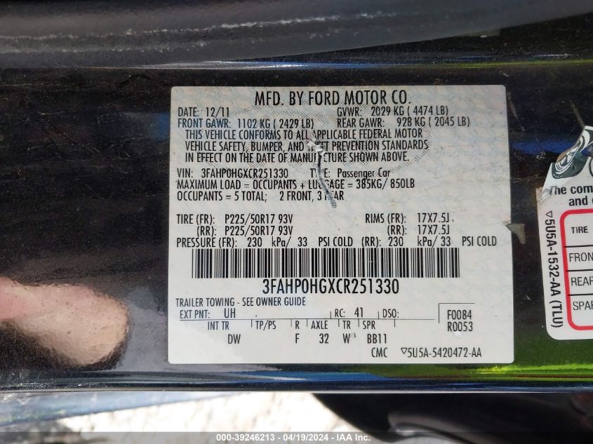 2012 Ford Fusion Se VIN: 3FAHP0HGXCR251330 Lot: 39246213