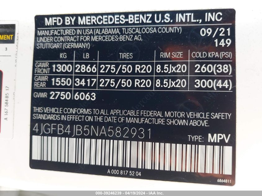 2022 Mercedes-Benz Gle 350 VIN: 4JGFB4JB5NA582931 Lot: 39246239