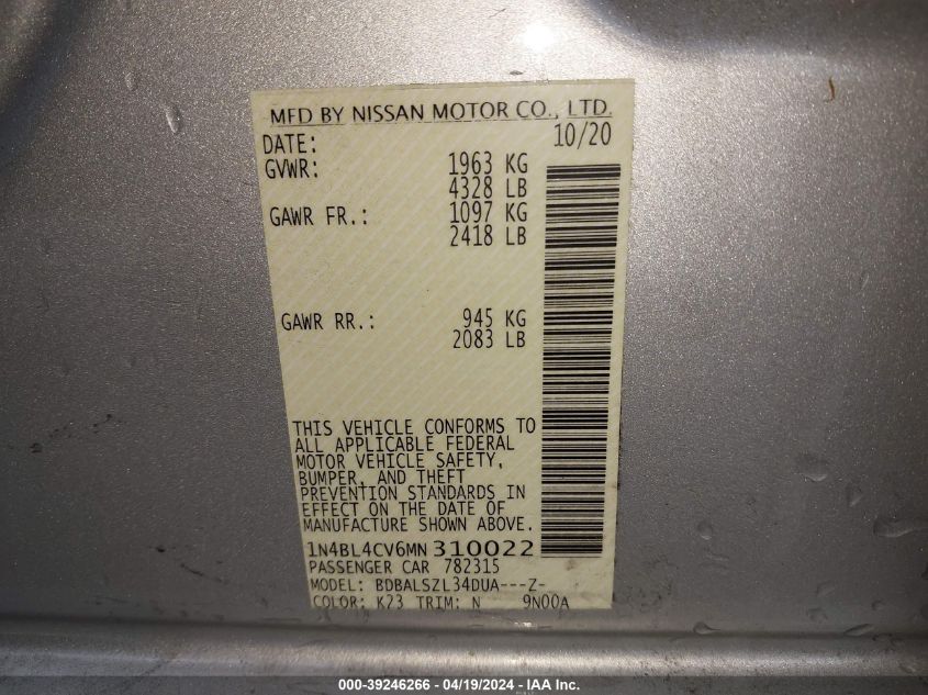 2021 Nissan Altima Sr Fwd VIN: 1N4BL4CV6MN310022 Lot: 39246266