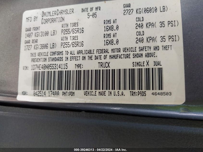 2005 Dodge Dakota Slt VIN: 1D7HE48N05S314115 Lot: 49993794