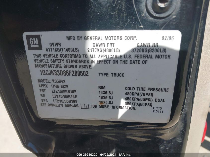 2006 Chevrolet Silverado 3500 Lt3 VIN: 1GCJK33D86F200502 Lot: 39235819