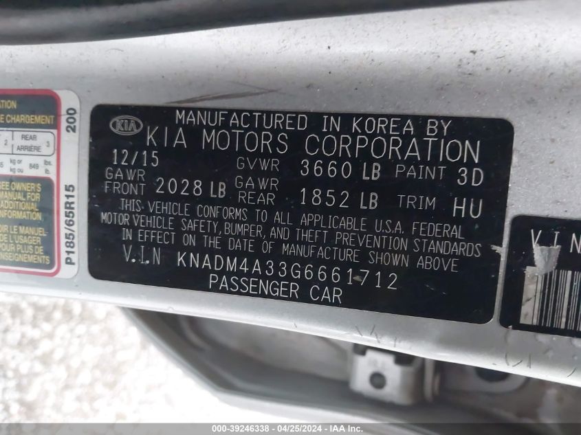 KNADM4A33G6661712 2016 Kia Rio Lx