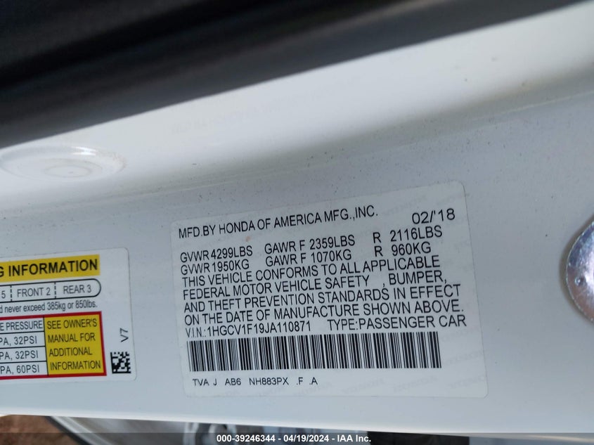 VIN 1HGCV1F19JA110871 2018 HONDA ACCORD LX