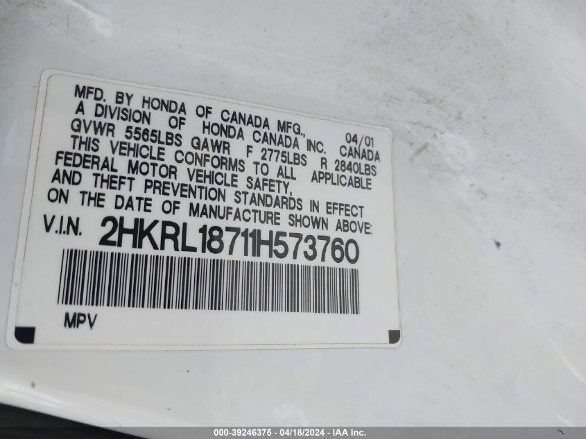 2001 Honda Odyssey Ex VIN: 2HKRL18711H573760 Lot: 39246375