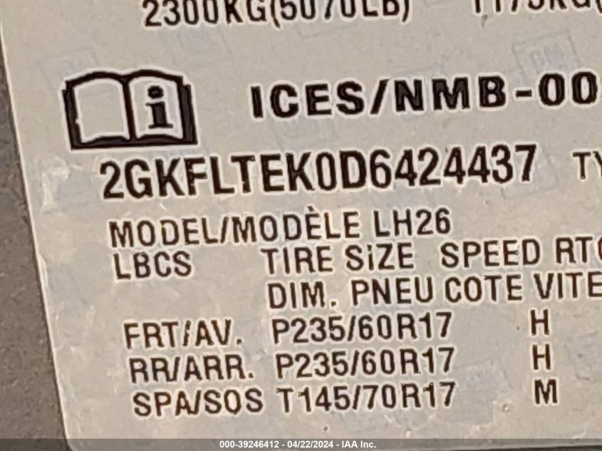2013 GMC Terrain Sle-2 VIN: 2GKFLTEK0D6424437 Lot: 39246412