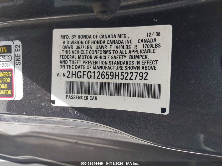 2009 Honda Civic Lx VIN: 2HGFG12659H522792 Lot: 39246449