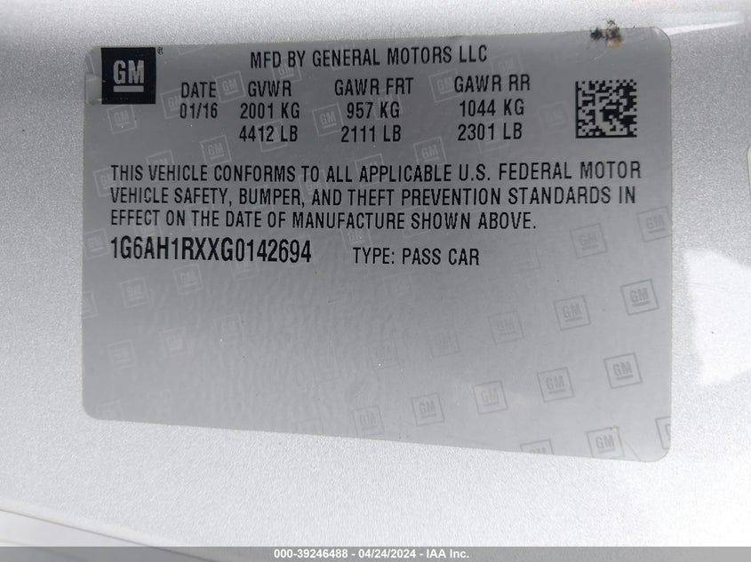 2016 CADILLAC ATS VIN: 1G6AH1RXXG0142694