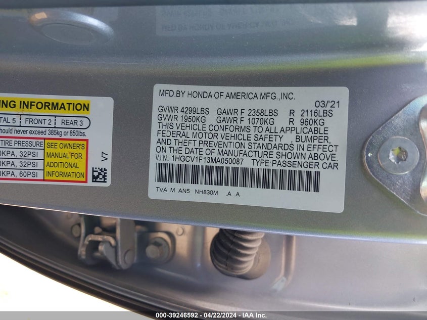 VIN 1HGCV1F13MA050087 2021 HONDA ACCORD LX