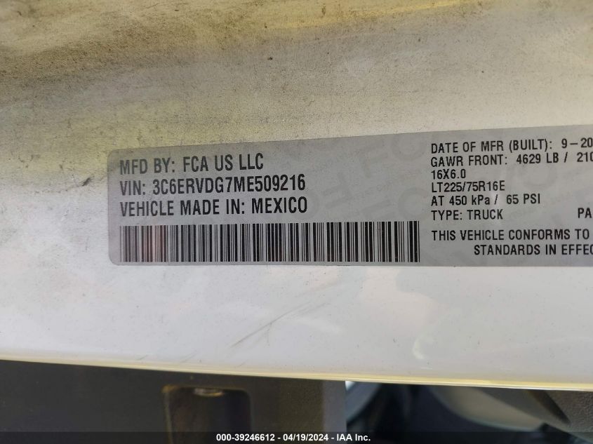 2021 Ram Promaster 2500 High Roof 159 Wb VIN: 3C6ERVDG7ME509216 Lot: 39246612