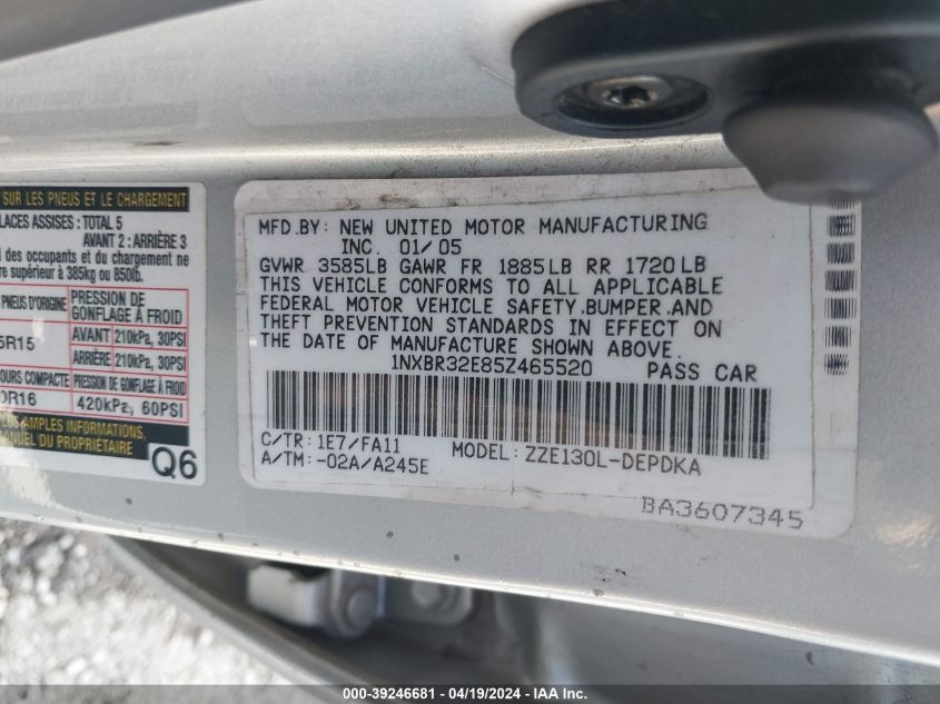 2005 Toyota Corolla Ce VIN: 1NXBR32E85Z465520 Lot: 39246681